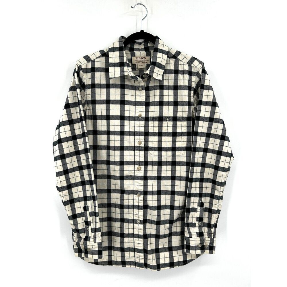 FILSON Womens Cream Black Plaid Alaskan Guide Flannel Button Up Shirt Size Large